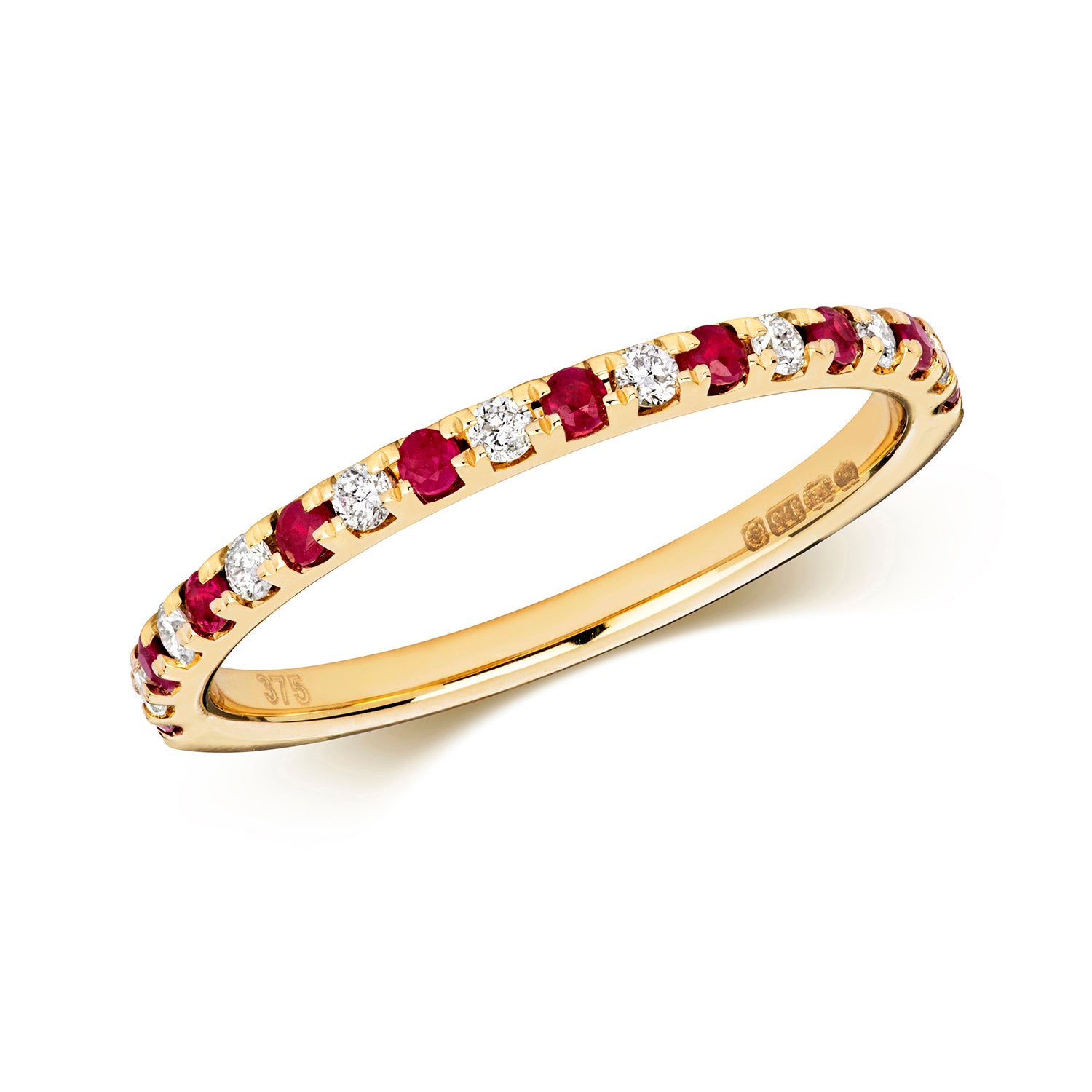 DIAMOND & RUBY SCALLOP SET ETERNITY RING IN 9CT GOLD