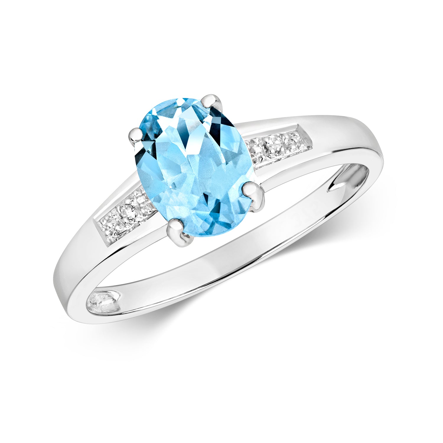 DIAMOND & AQUAMARINE OVAL WITH GRAIN SET SHOULDERS RING IN 9CT WHITE GOLD
