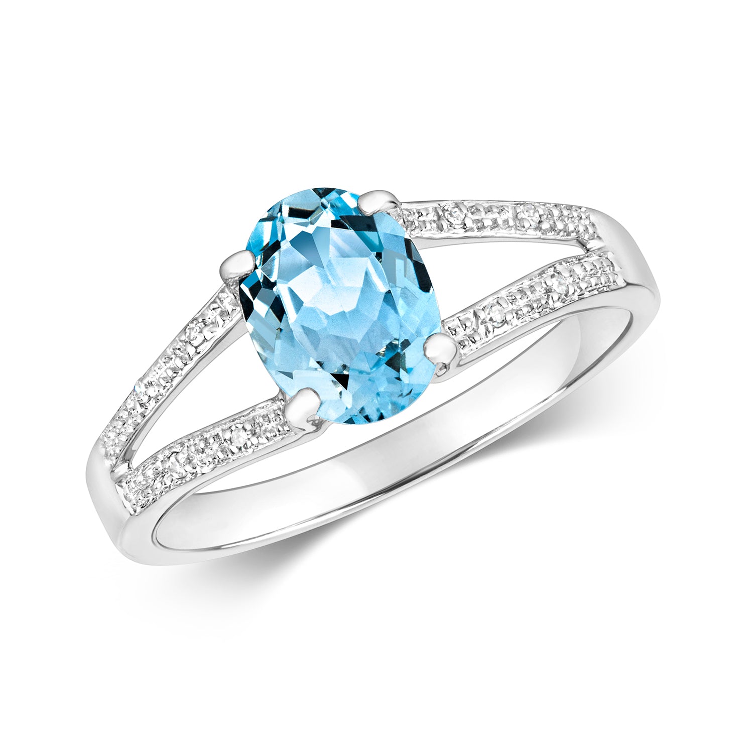 DIAMOND & AQUAMARINE OVAL WITH GRAIN SET SPLIT SHOULDERS RING IN 9CT WHITE GOLD