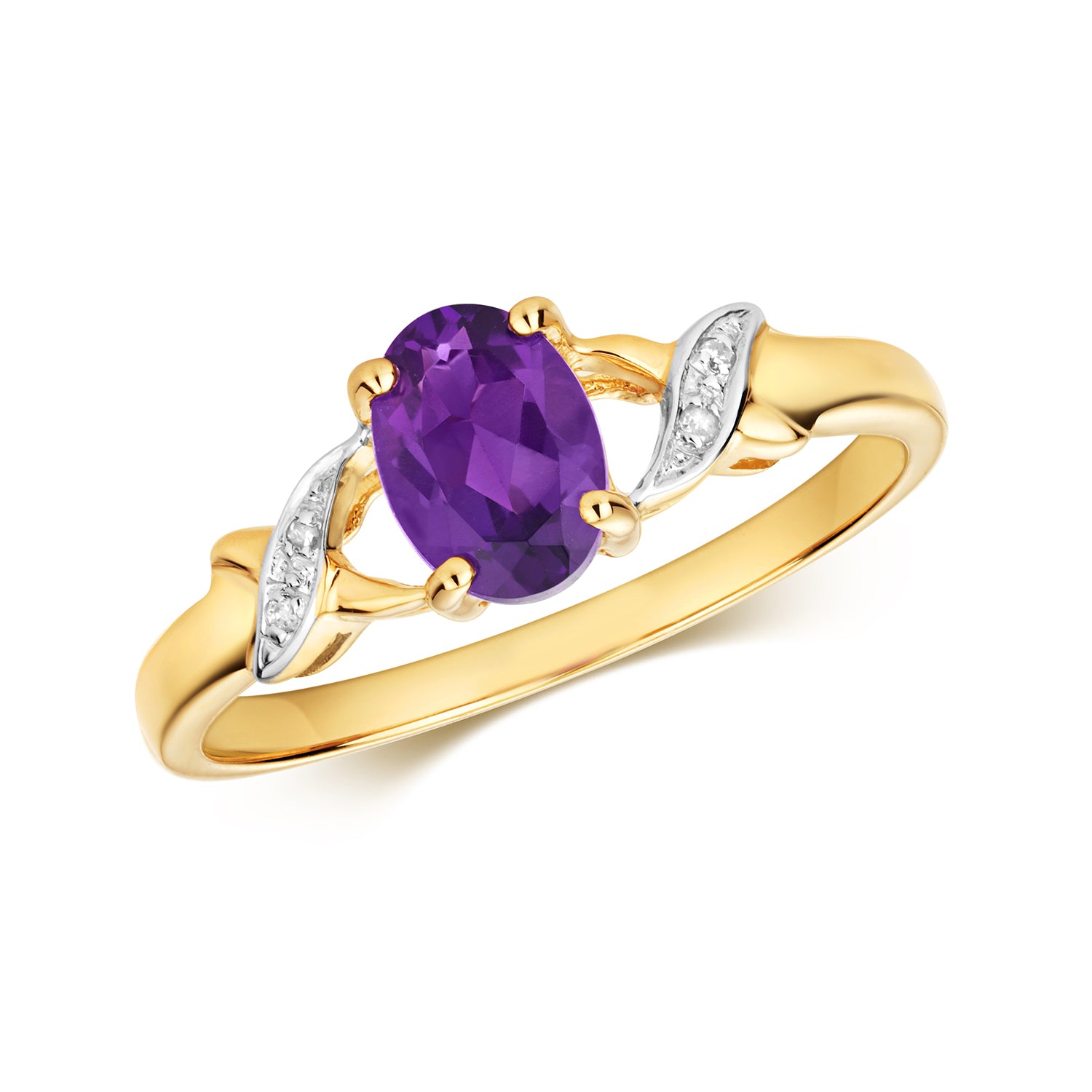 DIAMOND &AMETHYST OVAL WITH GRAIN SET PLAITED SHOUDERS RING IN 9CT GOLD