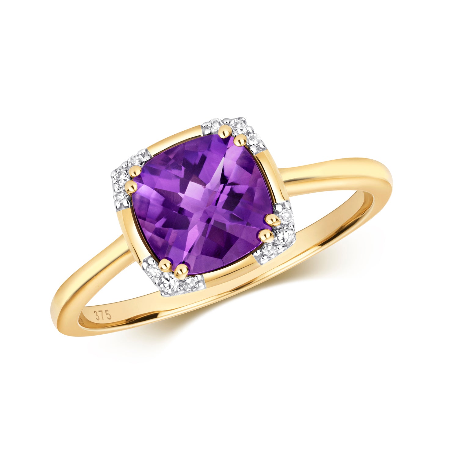 DIAMOND & AMETHYST CUSHION WITH CORNER SET RING IN 9CT GOLD