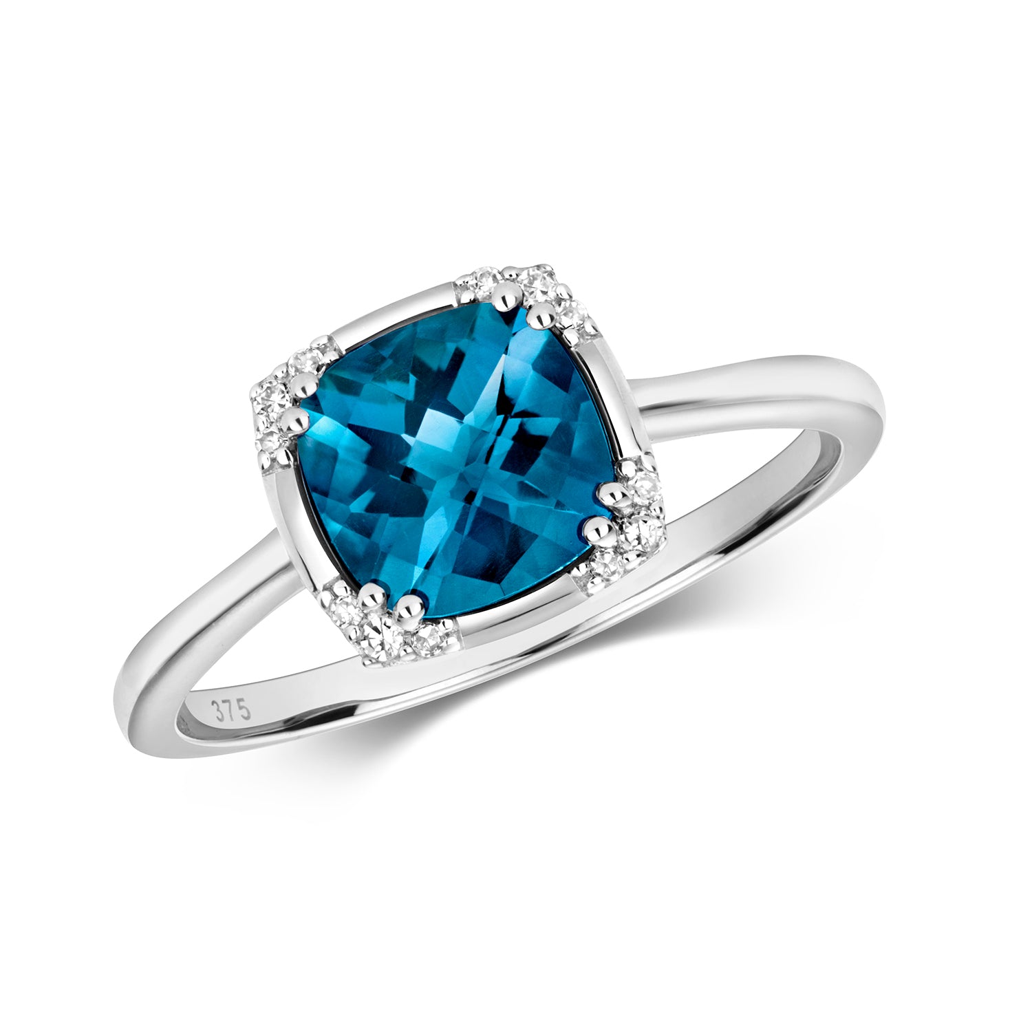 DIAMOND & LONDON BLUE TOPAZ CUSHION WITH CORNER SET RING IN 9CT WHITE GOLD
