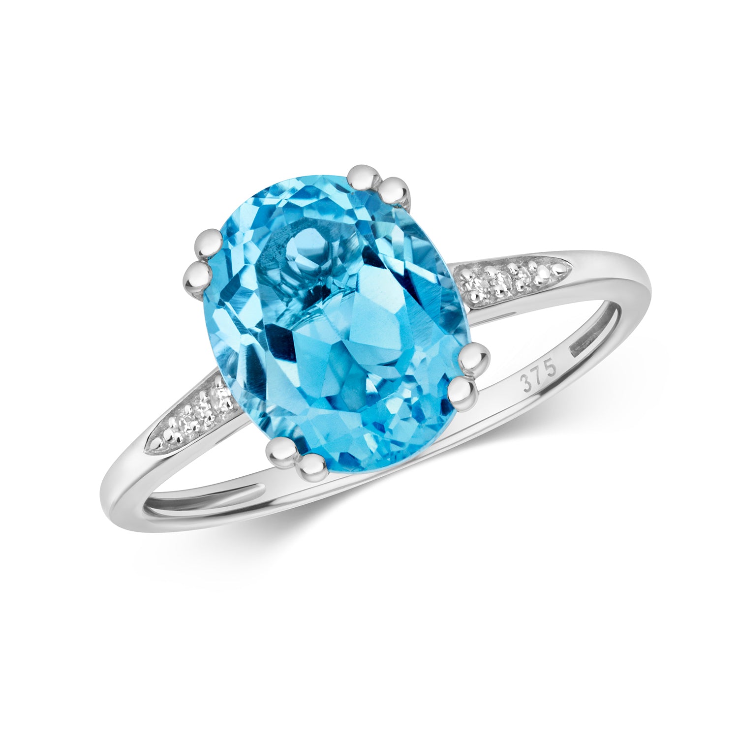 DIAMOND & SWISS BLUE TOPAZ OVAL WITH SET SHOULDERS RING IN 9CT WHITE GOLD