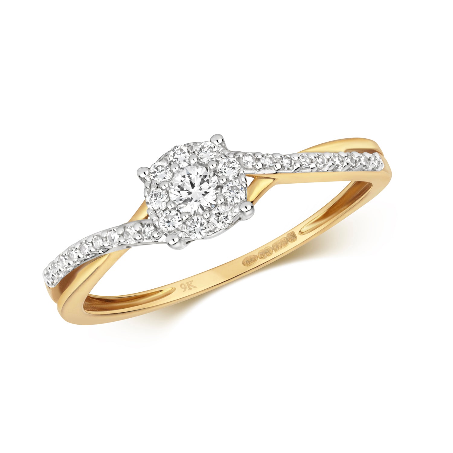 DIAMOND BRILLIANT SET TWIST SHOULDERS RING IN 9CT GOLD