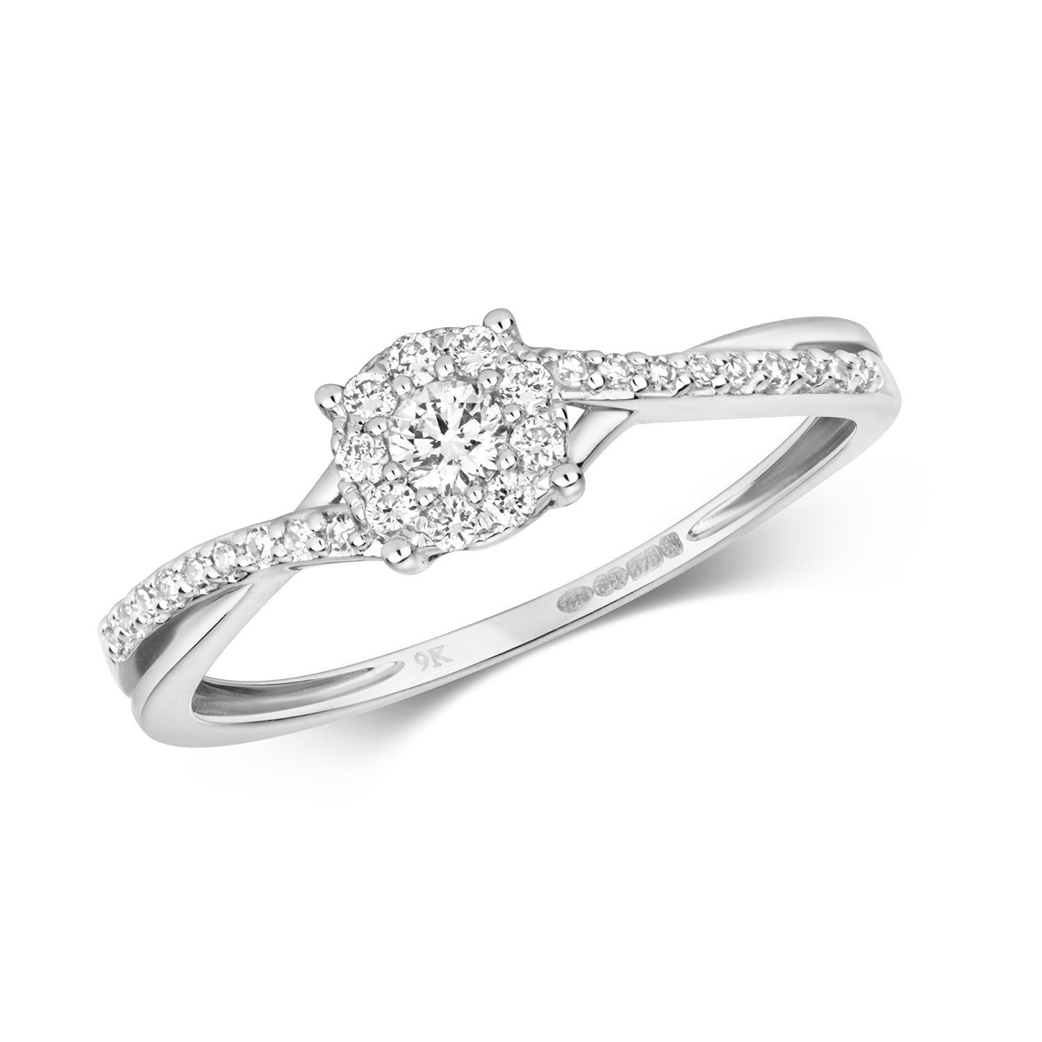 DIAMOND SET BRILLIANT TWIST SHOULDERS RING IN 9CT WHITE GOLD