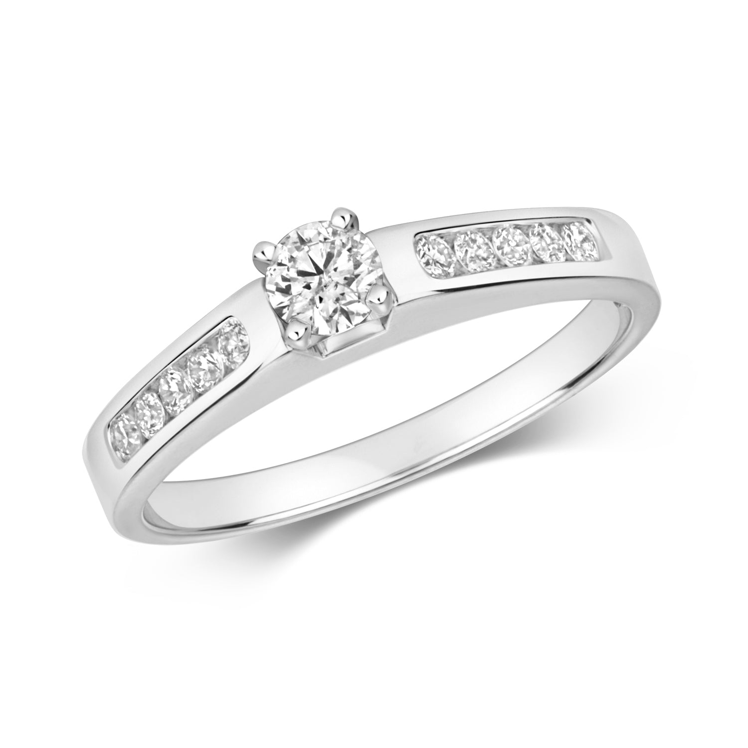 DIAMOND SOLITAIRE WITH CHANNEL SET SHOULDERS RING IN 9CT WHITE GOLD