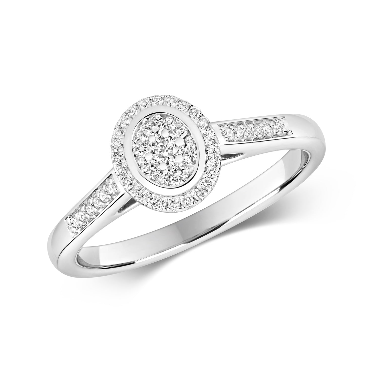 DIAMOND OVAL CLUSTER WITH GRAIN SET SHOULDERS RING IN 9CT WHITE GOLD