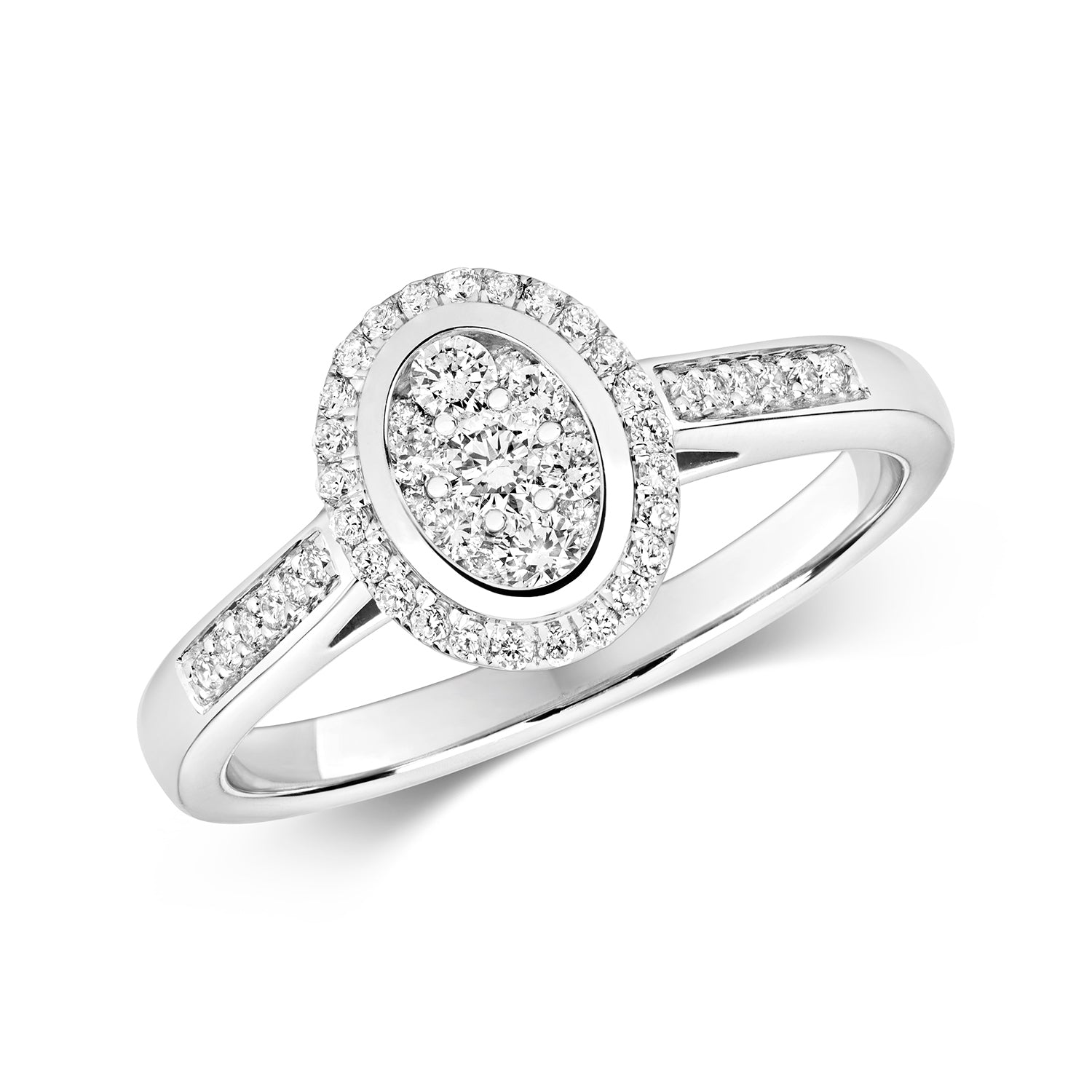 DIAMOND OVAL CLUSTER WITH GRAIN SET SHOULDERS RING IN 9CT WHITE GOLD
