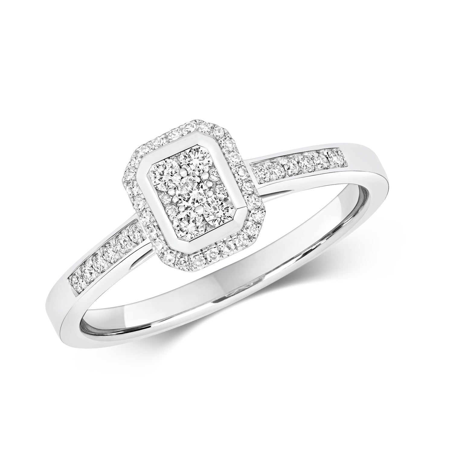 DIAMOND OCTAGON CLUSTER WITH GRAIN SET SHOULDERS RING IN 9CT WHITE GOLD