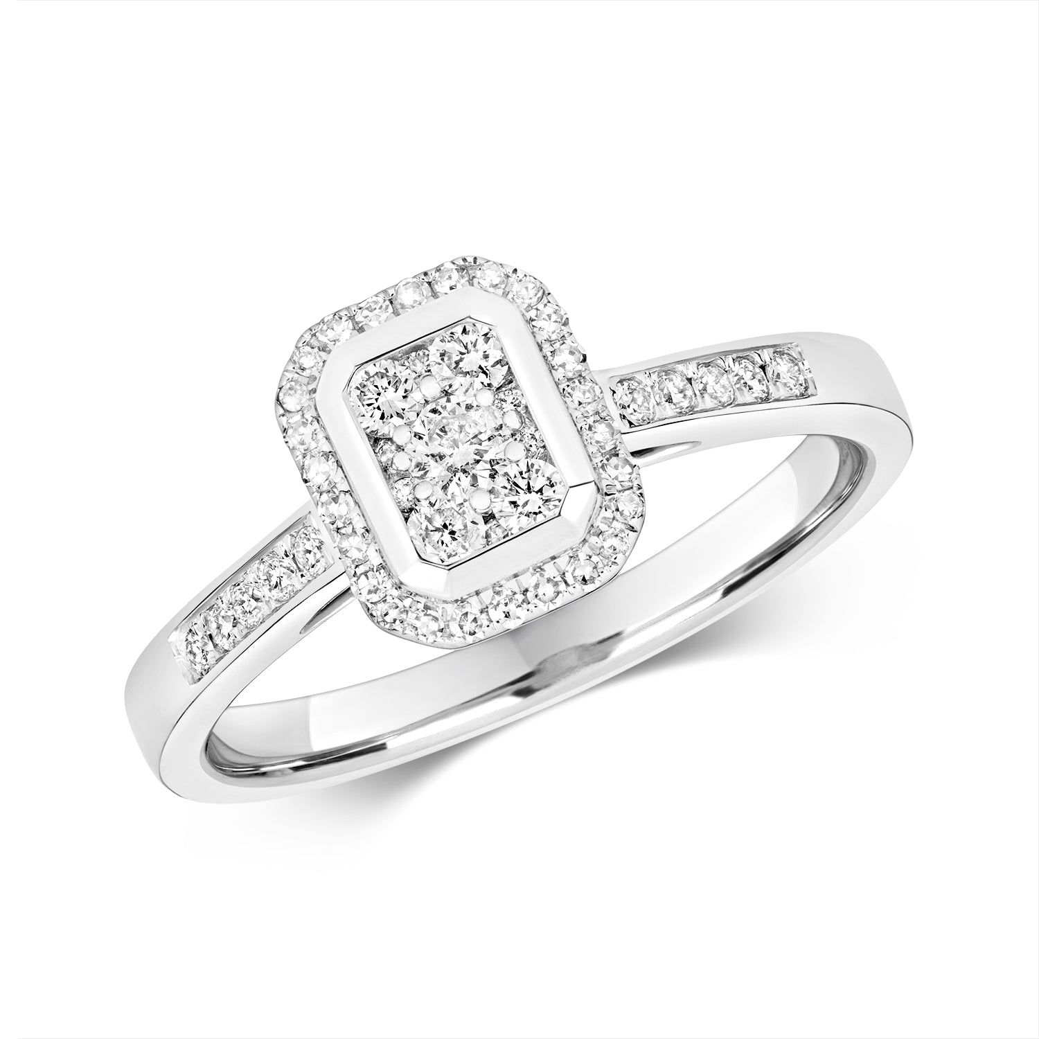 DIAMOND OCTAGON CLUSTER WITH GRAIN SET SHOULDERS RING IN 9CT WHITE GOLD
