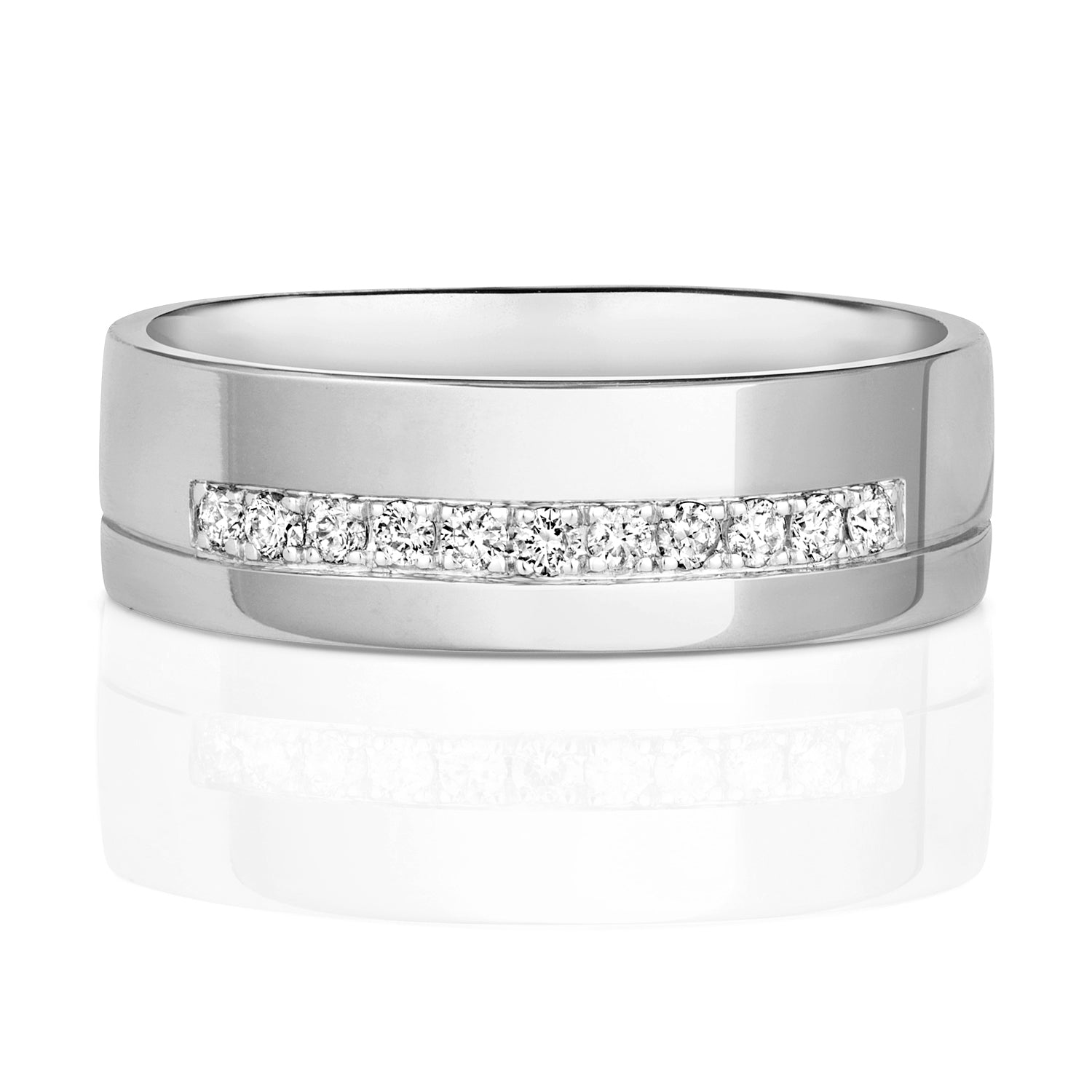 DIAMOND GRAIN SET WEDDING RING WITH GROOVE IN 9CT WHITE GOLD