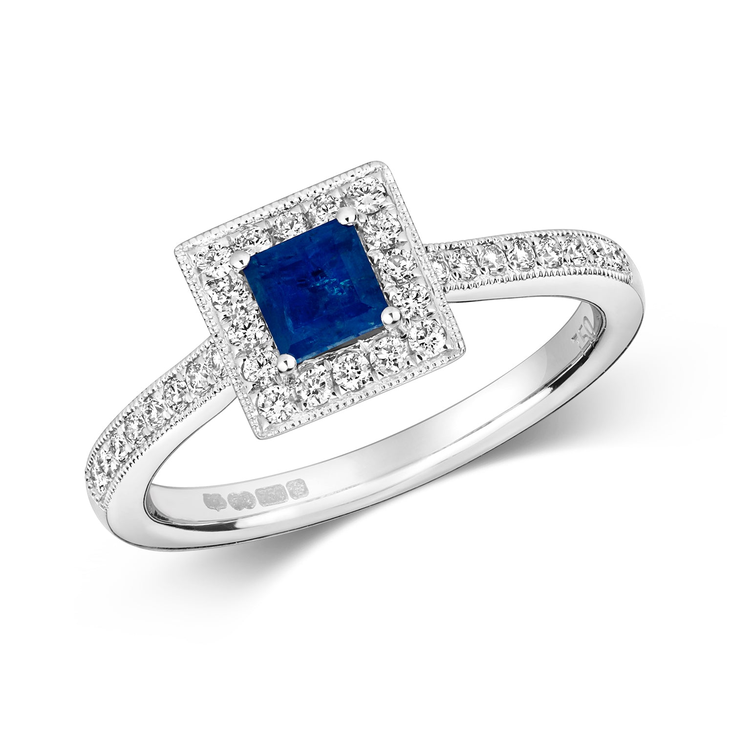 DIAMOND & SAPPHIRE SQUARE CLUSTER WITH SET SHOULDERS RING IN 18 CT WHITE GOLD