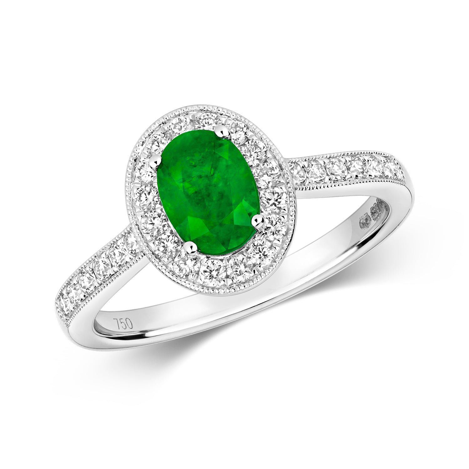 DIAMOND & EMERALD OVAL CLUSTER WITH SET SHOULDERS RING IN 18CT WHITE GOLD