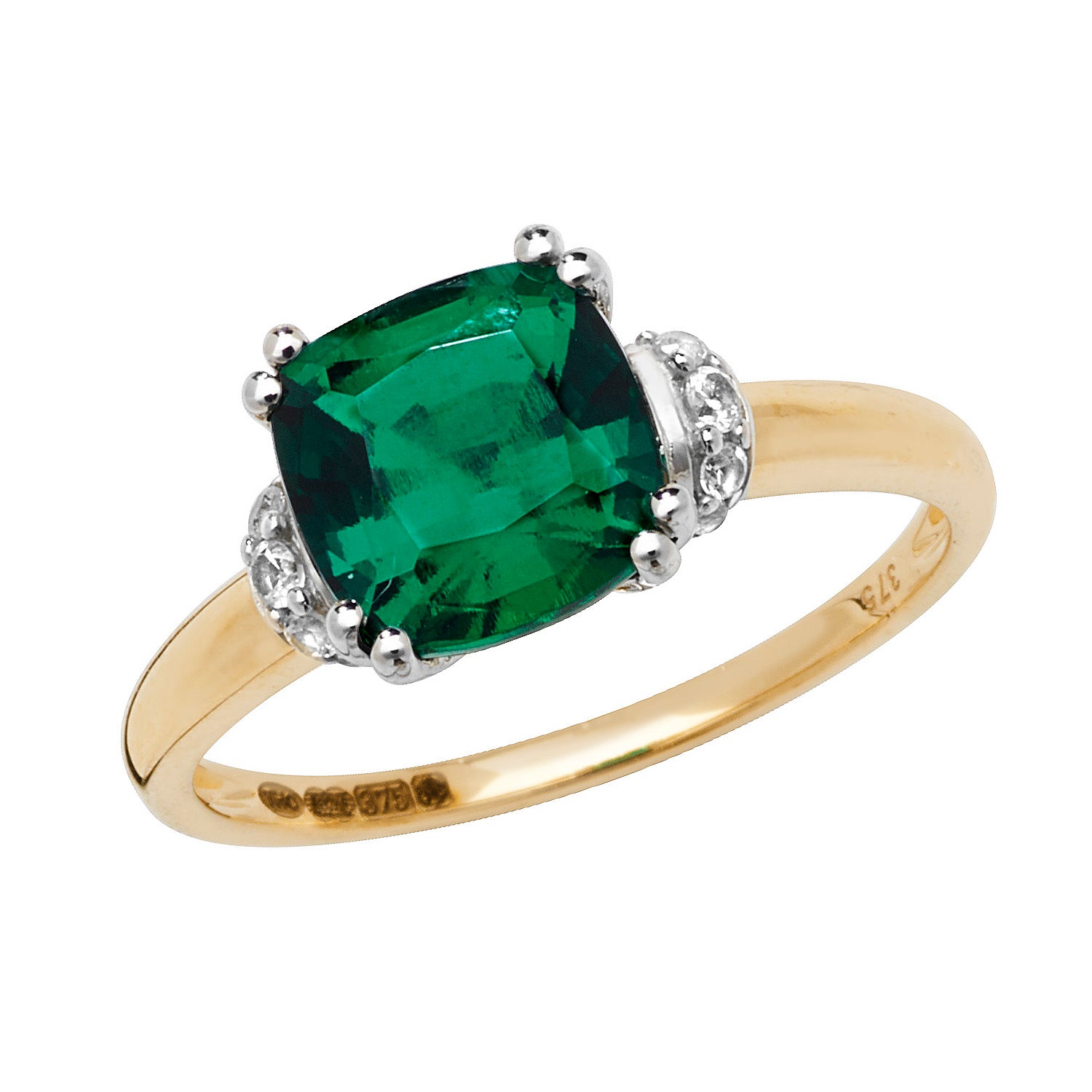 9CT GOLD CUSHION CREATED EMERALD AND WHITE SAPPHIRE RING