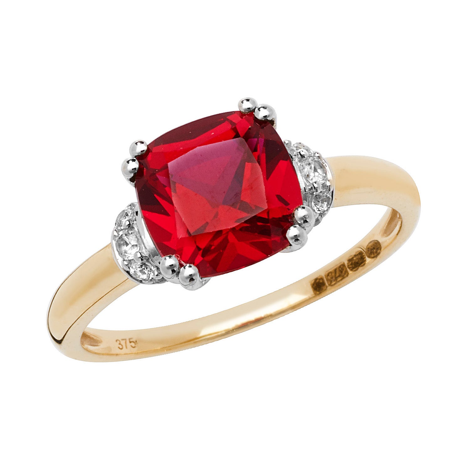 9CT GOLD CUSHION CREATED RUBY AND WHITE SAPPHIRE RING