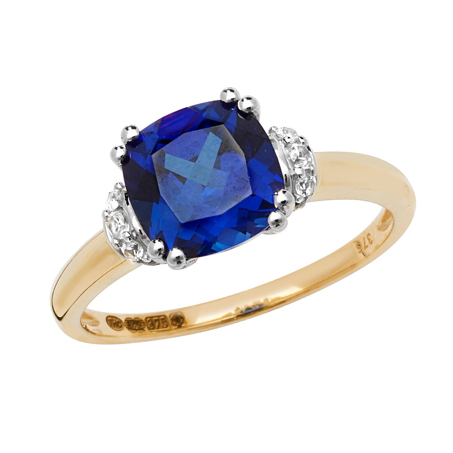 9CT GOLD CUSHION CREATED SAPPHIRE AND WHITE SAPPHIRE RING