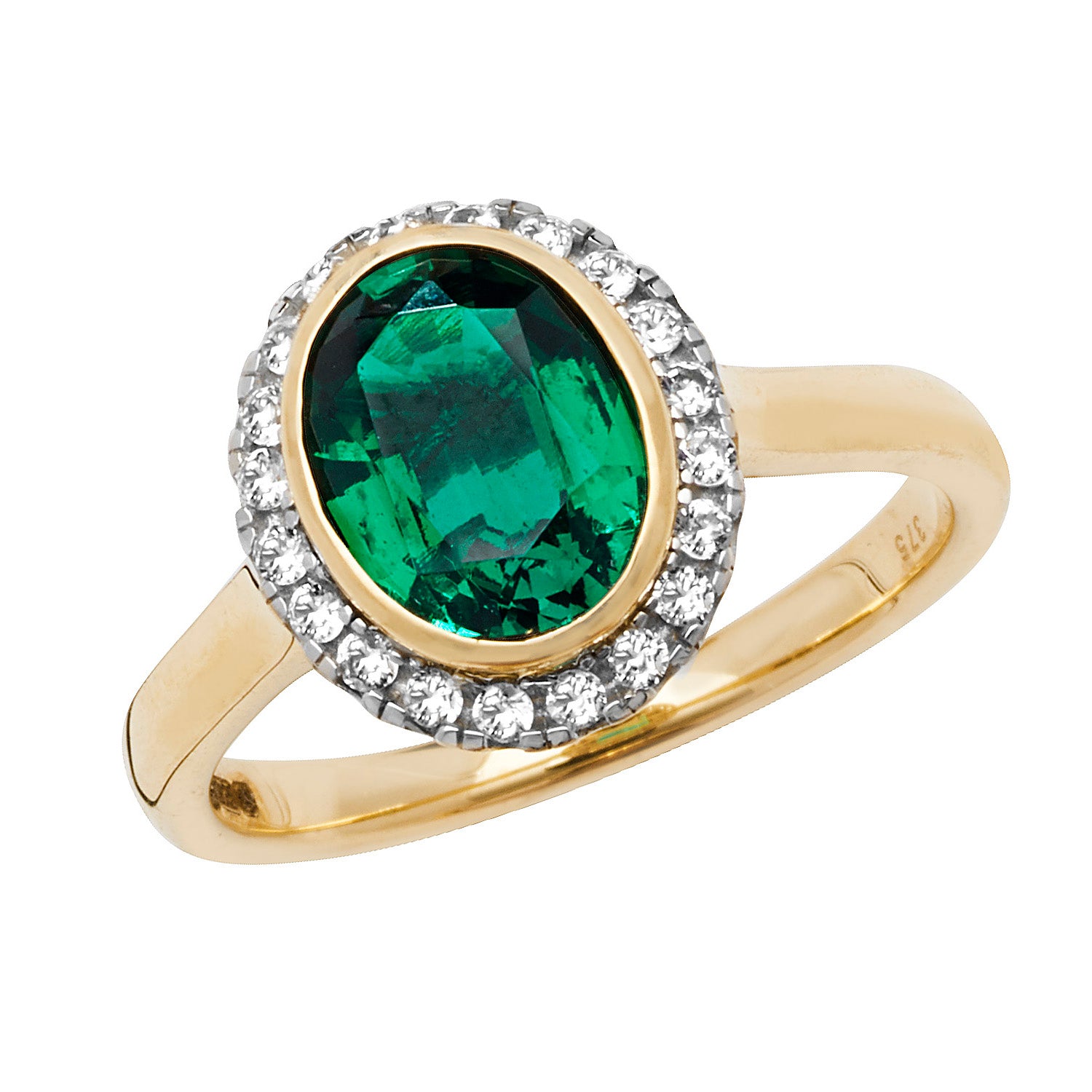 9CT GOLD OVAL CREATED EMERALD AND WHITE SAPPHIRE RING
