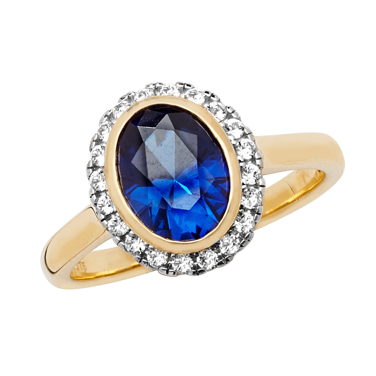 9CT GOLD OVAL CREATED SAPPHIRE AND WHITE SAPPHIRE RING