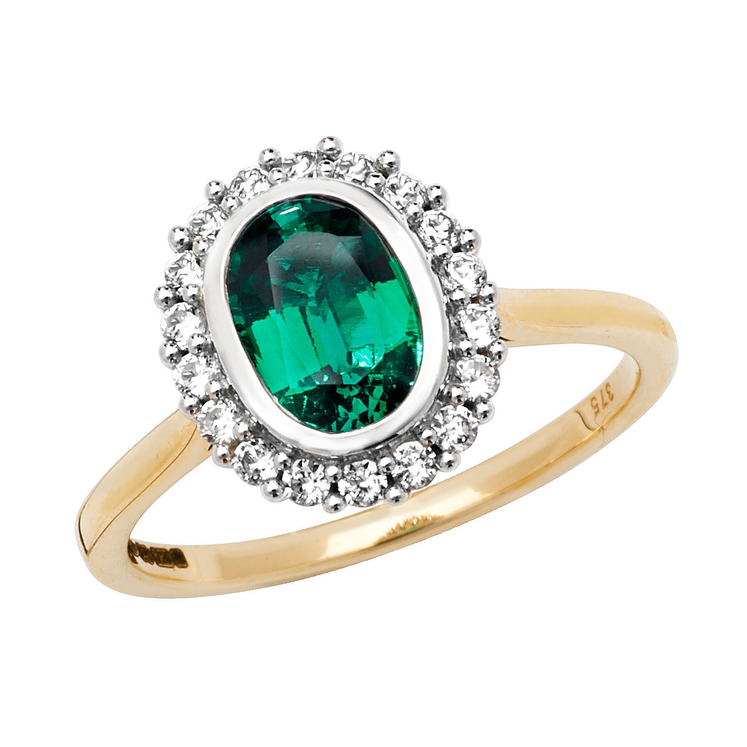 9CT GOLD OVAL CREATED EMERALD AND WHITE SAPPHIRE RING