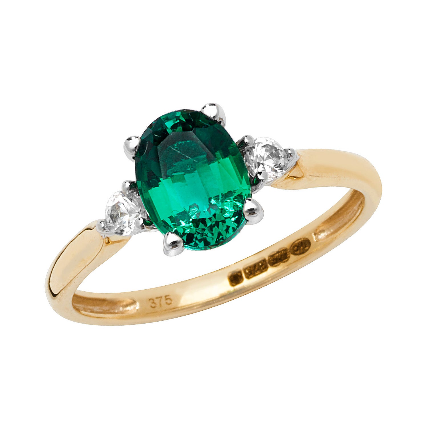 9CT GOLD OVAL CREATED EMERALD AND WHITE SAPPHIRE RING