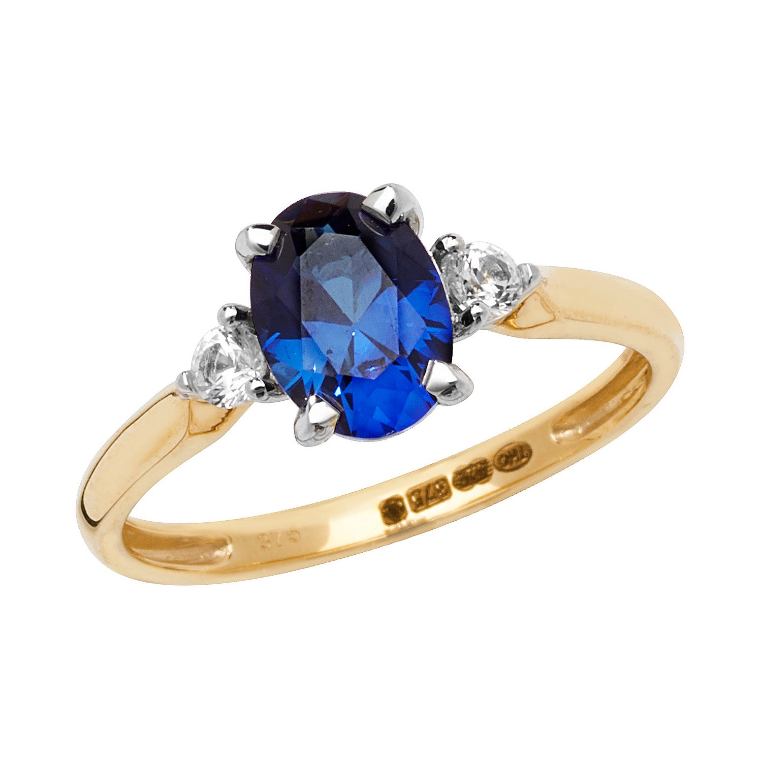 9CT GOLD OVAL CREATED SAPPHIRE AND WHITE SAPPHIRE RING