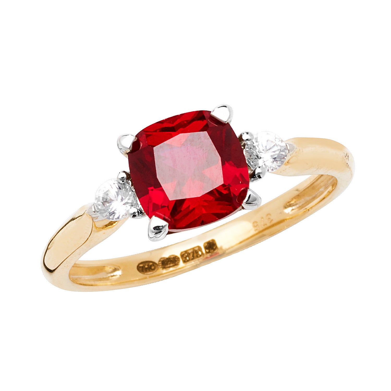 9CT GOLD CUSHION CREATED RUBY AND WHITE SAPPHIRE RING