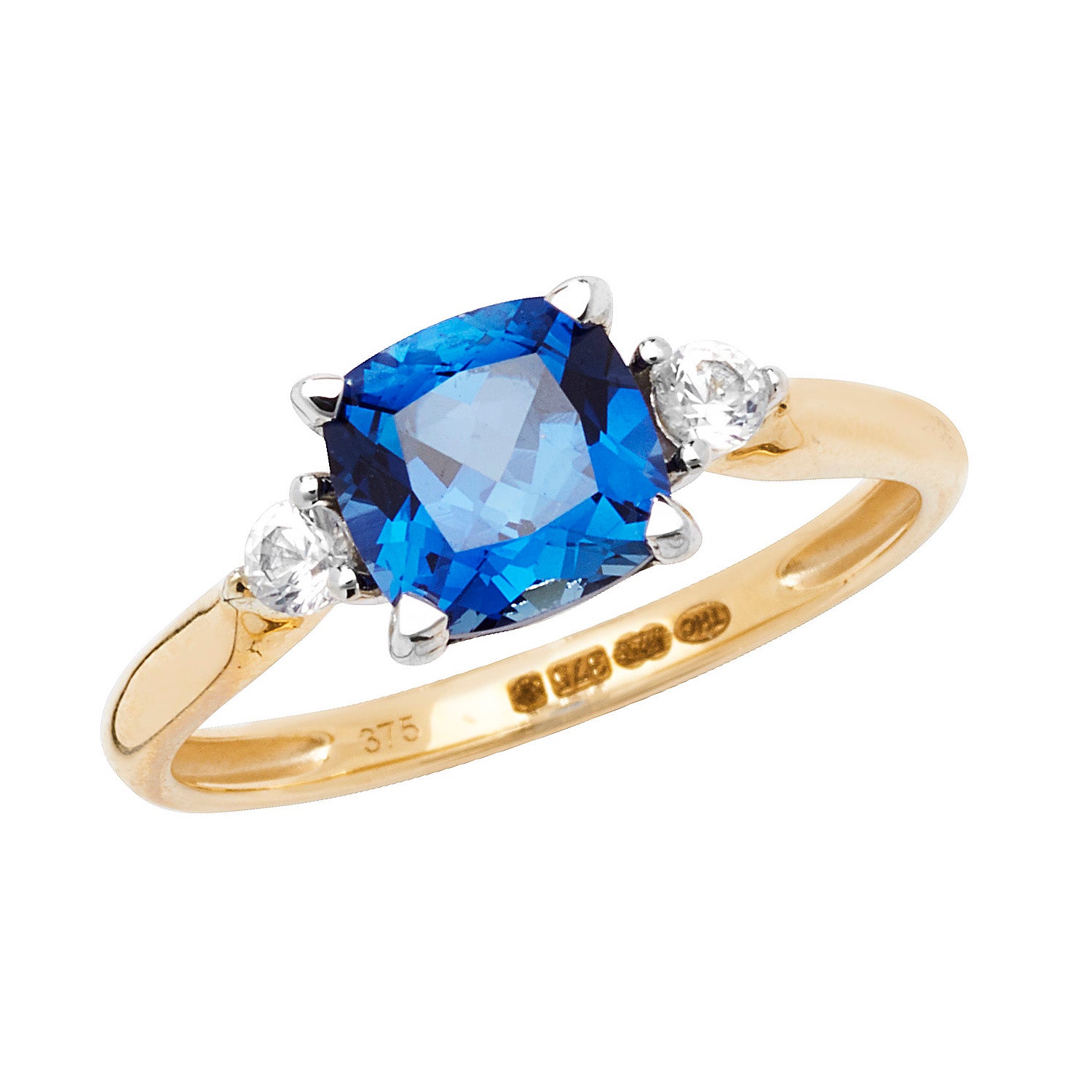9CT GOLD CUSHION CREATED SAPPHIRE AND WHITE SAPPHIRE RING