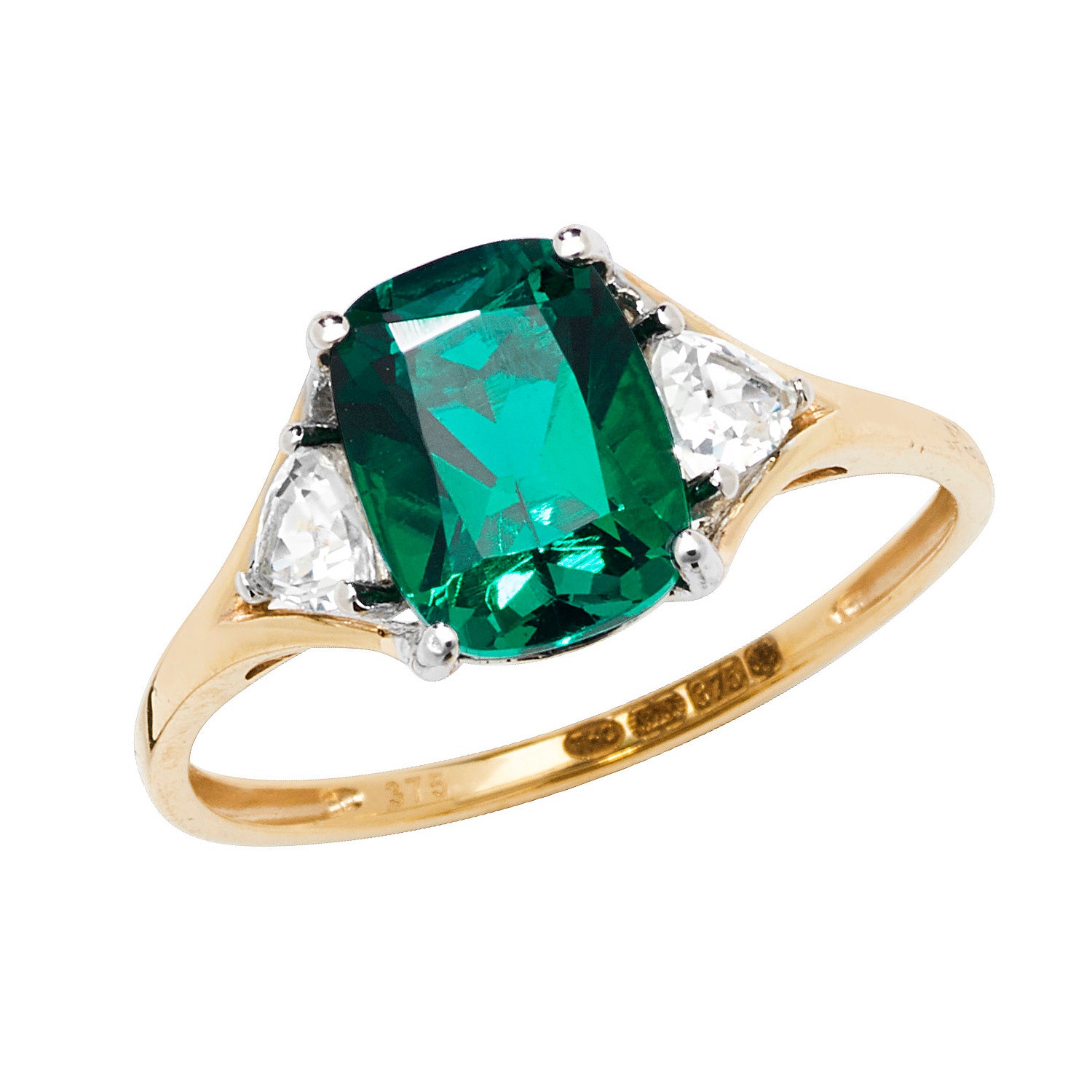 9CT GOLD CUSHION CREATED EMERALD AND WHITE SAPPHIRE RING