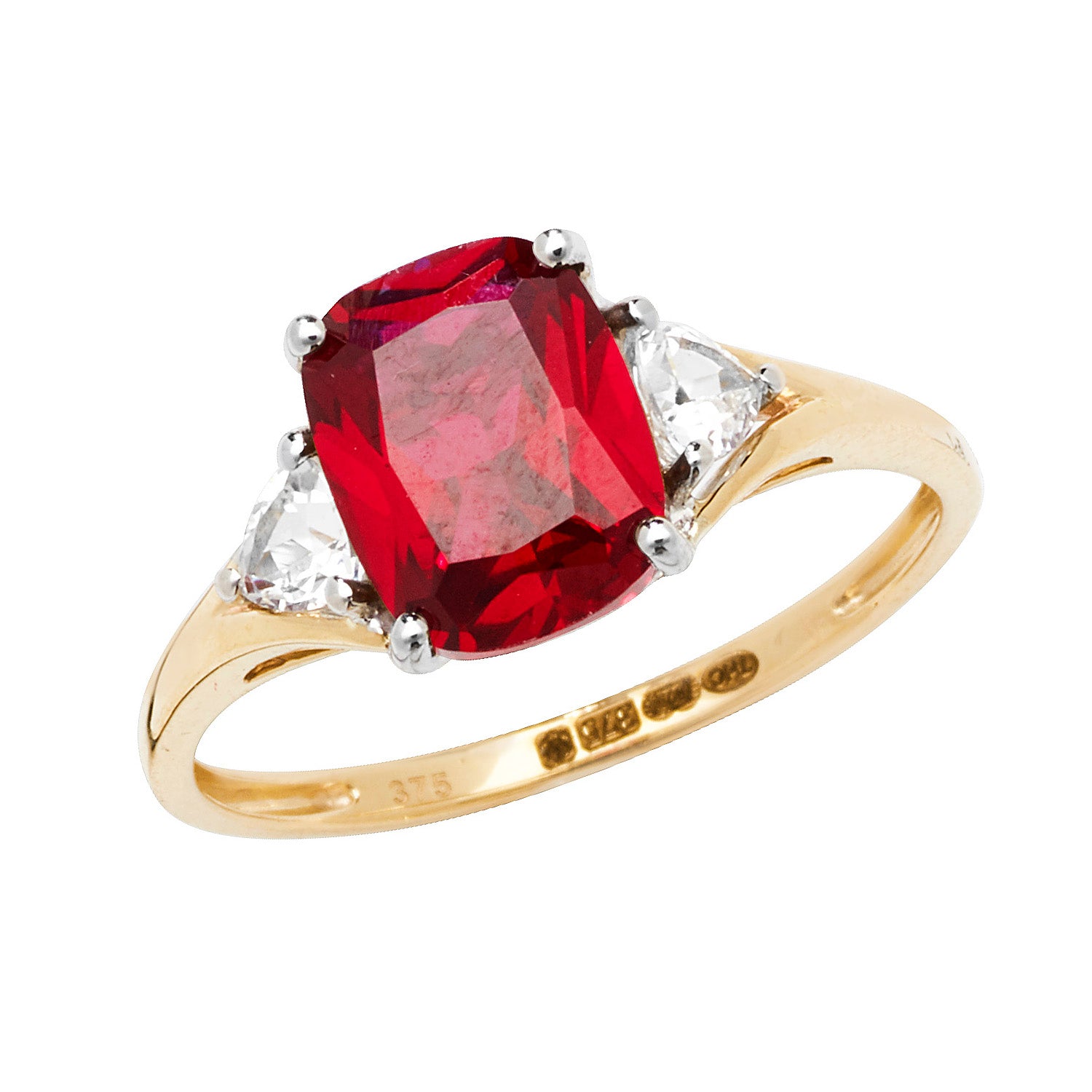 9CT GOLD CUSHION CREATED RUBY AND WHITE SAPPHIRE RING