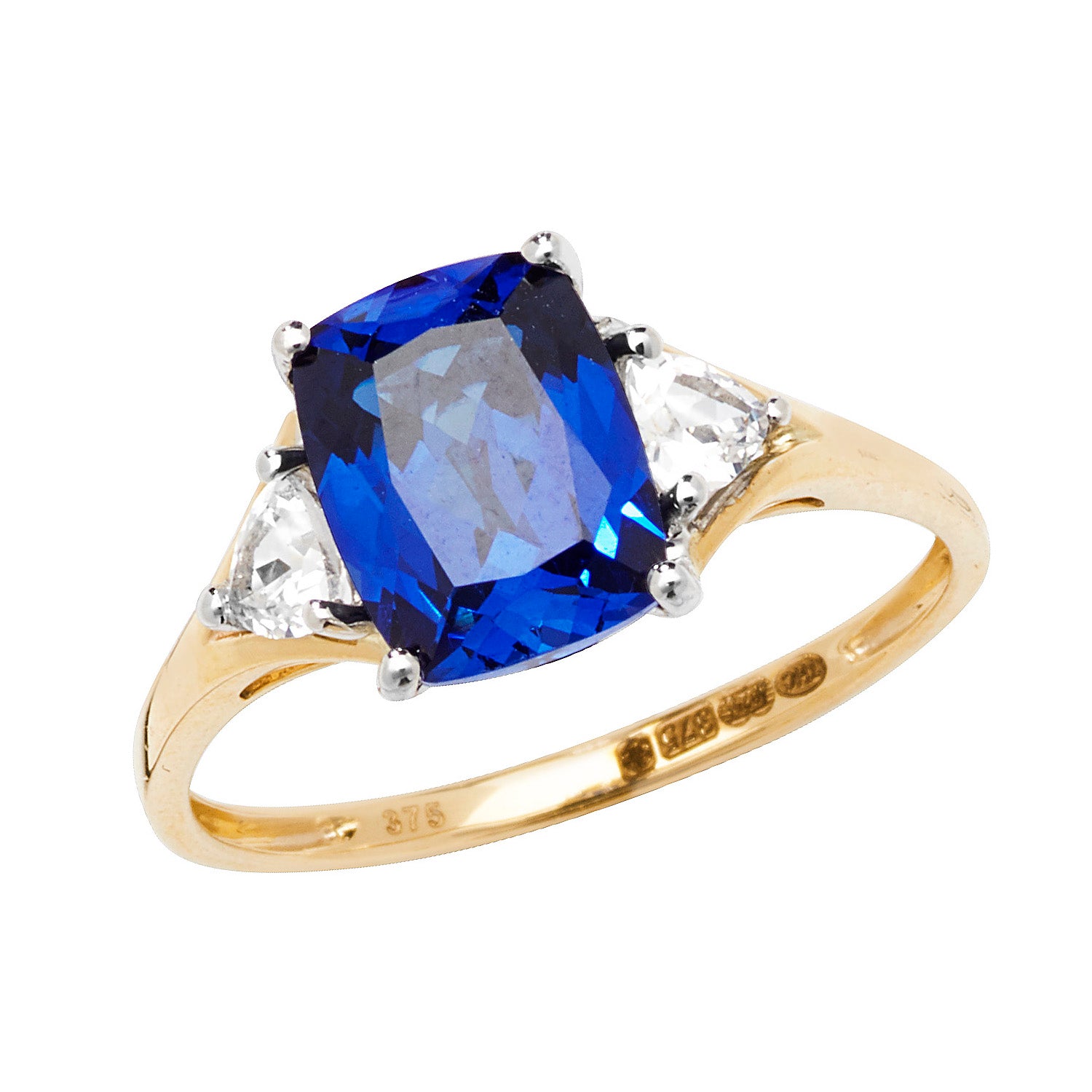 9CT GOLD CUSHION CREATED SAPPHIRE AND WHITE SAPPHIRE RING