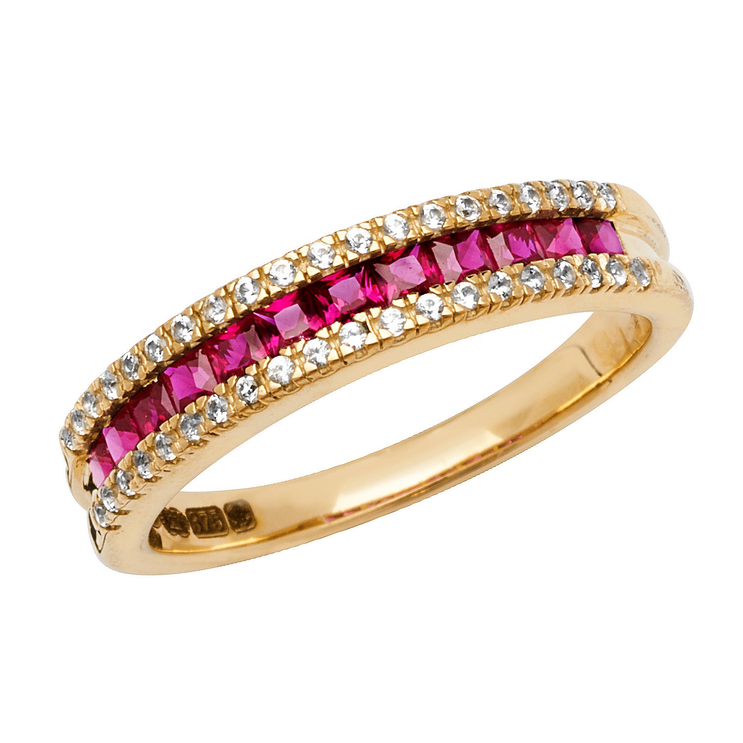 9CT GOLD SQUARE CREATED RUBY AND WHITE SAPPHIRE RING