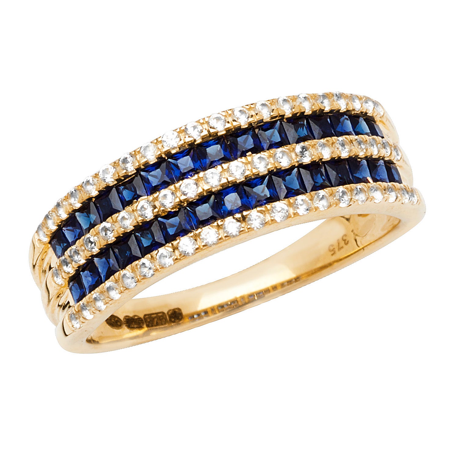 9CT GOLD SQUARE CREATED SAPPHIRE AND WHITE SAPPHIRE RING