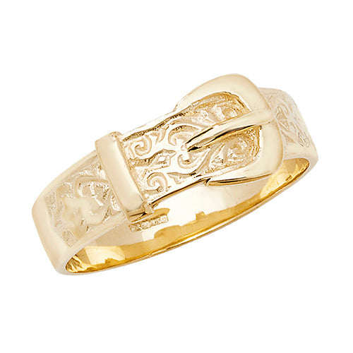 9CT GOLD GENTS' ENGRAVED BUCKLE RING