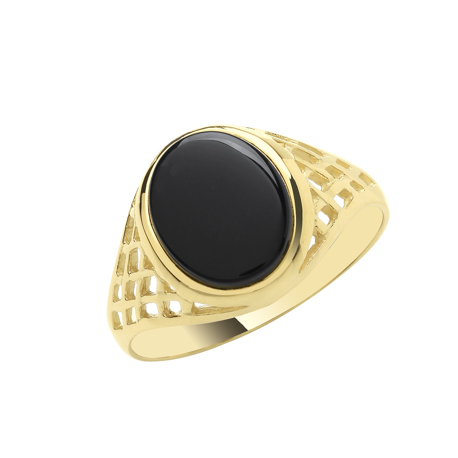 9CT GOLD GENTS' OVAL BLACK ONYX BASKET DESIGN SIGNET RING