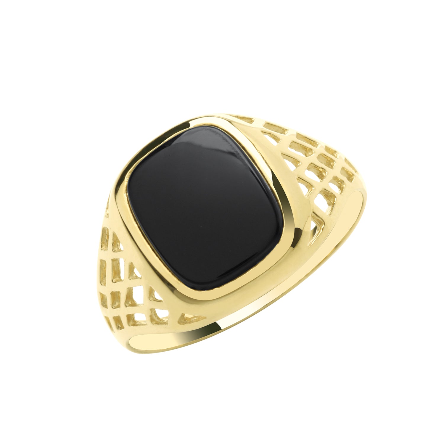 9CT GOLD GENTS' CUSHION BLACK ONYX BASKET DESIGN SIGNET RING