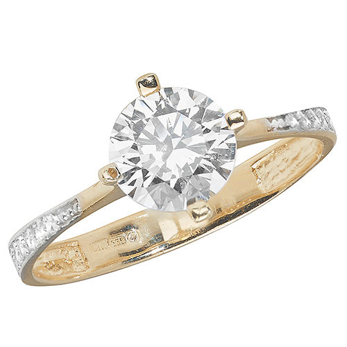 9CT GOLD SOLITAIRE CZ WITH PAVE SET SHOULDERS RING