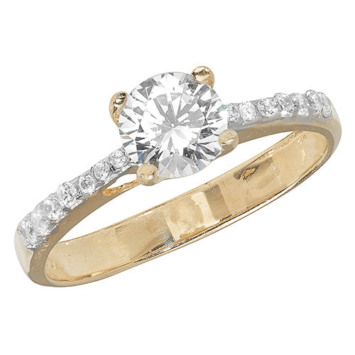 9CT GOLD SOLITAIRE CZ WITH PAVE SET SHOULDERS RING