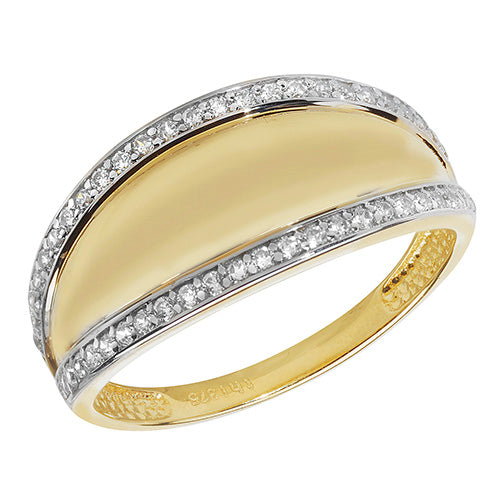 9CT GOLD 2 ROW CZ SET WITH PLAIN CENTRE CONCAVE RING