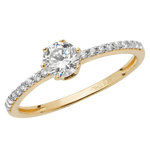 9CT GOLD SOLITAIRE CZ WITH GRAIN SET SHOULDERS RING