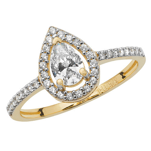 9CT GOLD HALO PEAR SHAPE CZ RING