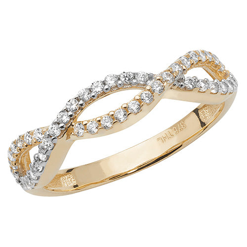 9CT GOLD GRAIN SET CZ PLAITED RING