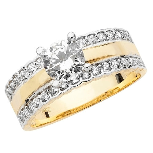 9CT GOLD SOLITAIRE CZ 2 ROW PAVE SET SHOULDERS RING
