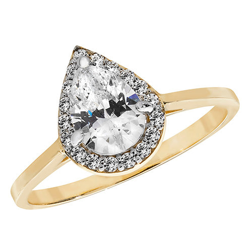 9CT GOLD HALO PEAR SHAPE CZ RING