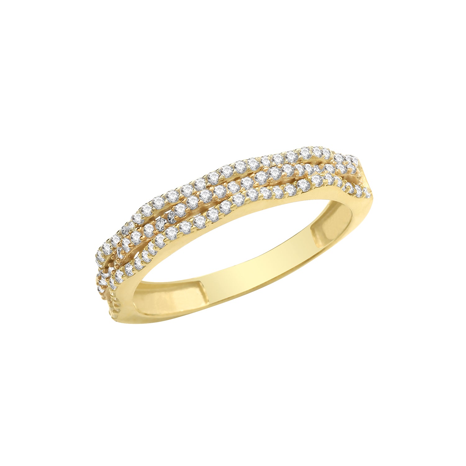 9CT GOLD 3 ROW GRAIN SET CZ WAVE RING