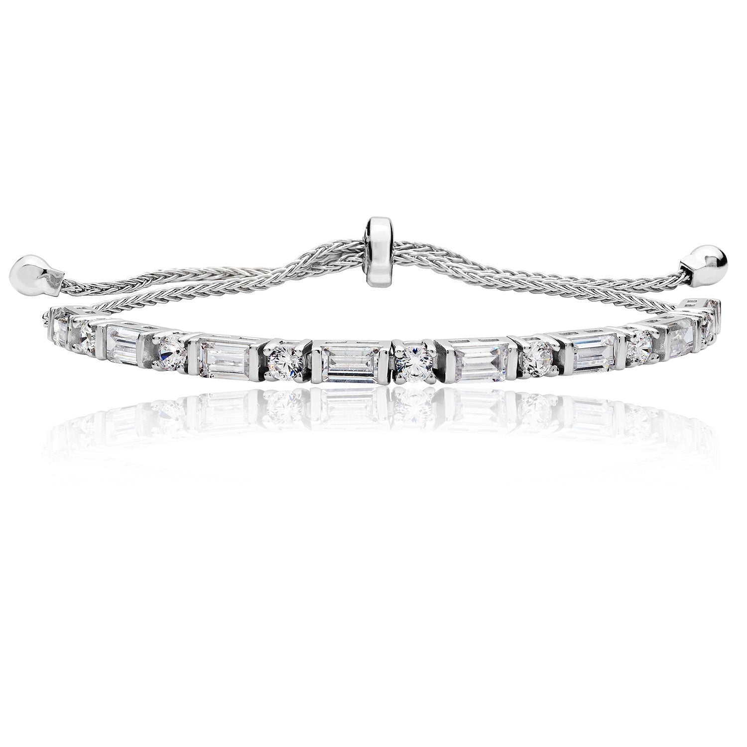 SILVER ROUND AND BAGUETTE CLAW SET CZ PULL STYLE BRACELET