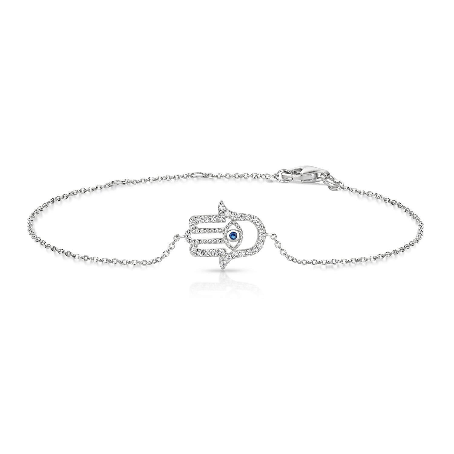 SILVER BLUE AND WHITE CZ HAMSA AND EVIL EYE BRACELET