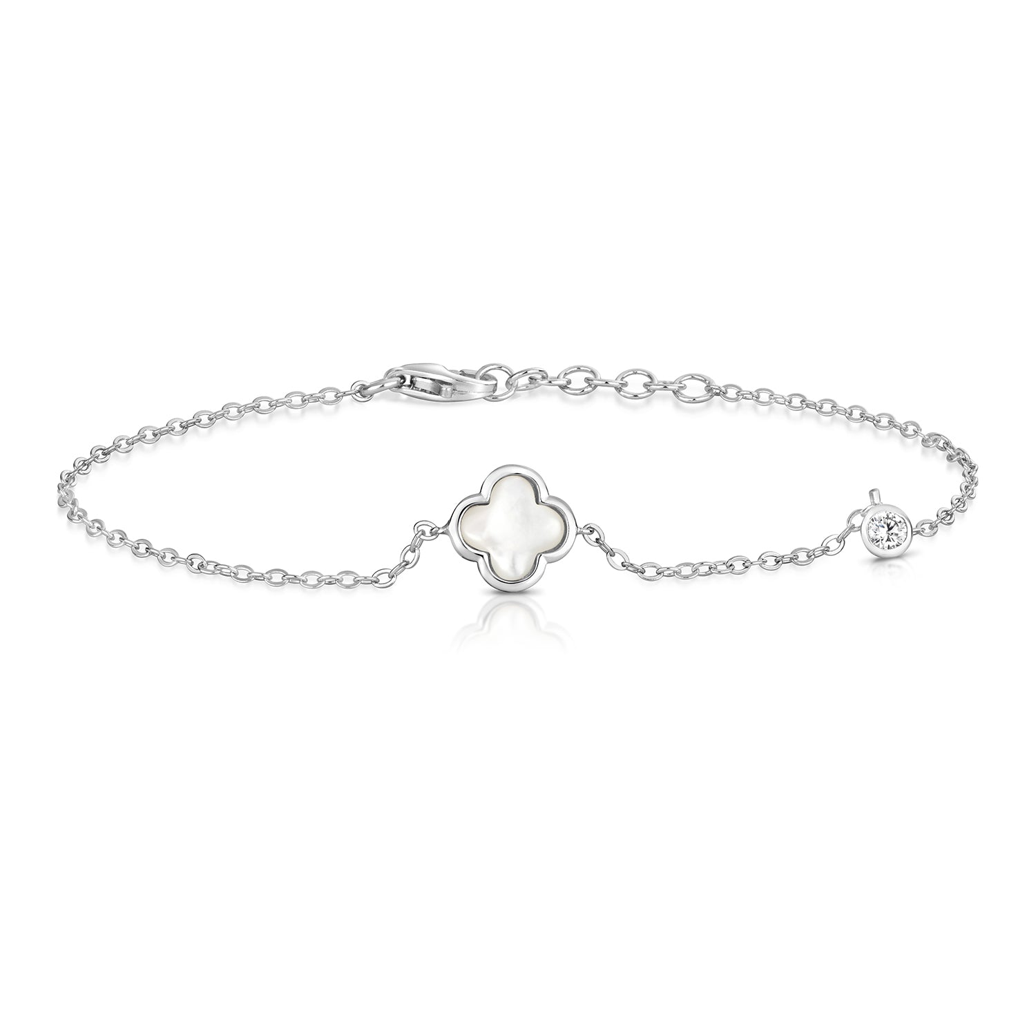 SILVER ROUND CZ AND MOTHER OF PEARL CLOVER BRACELET