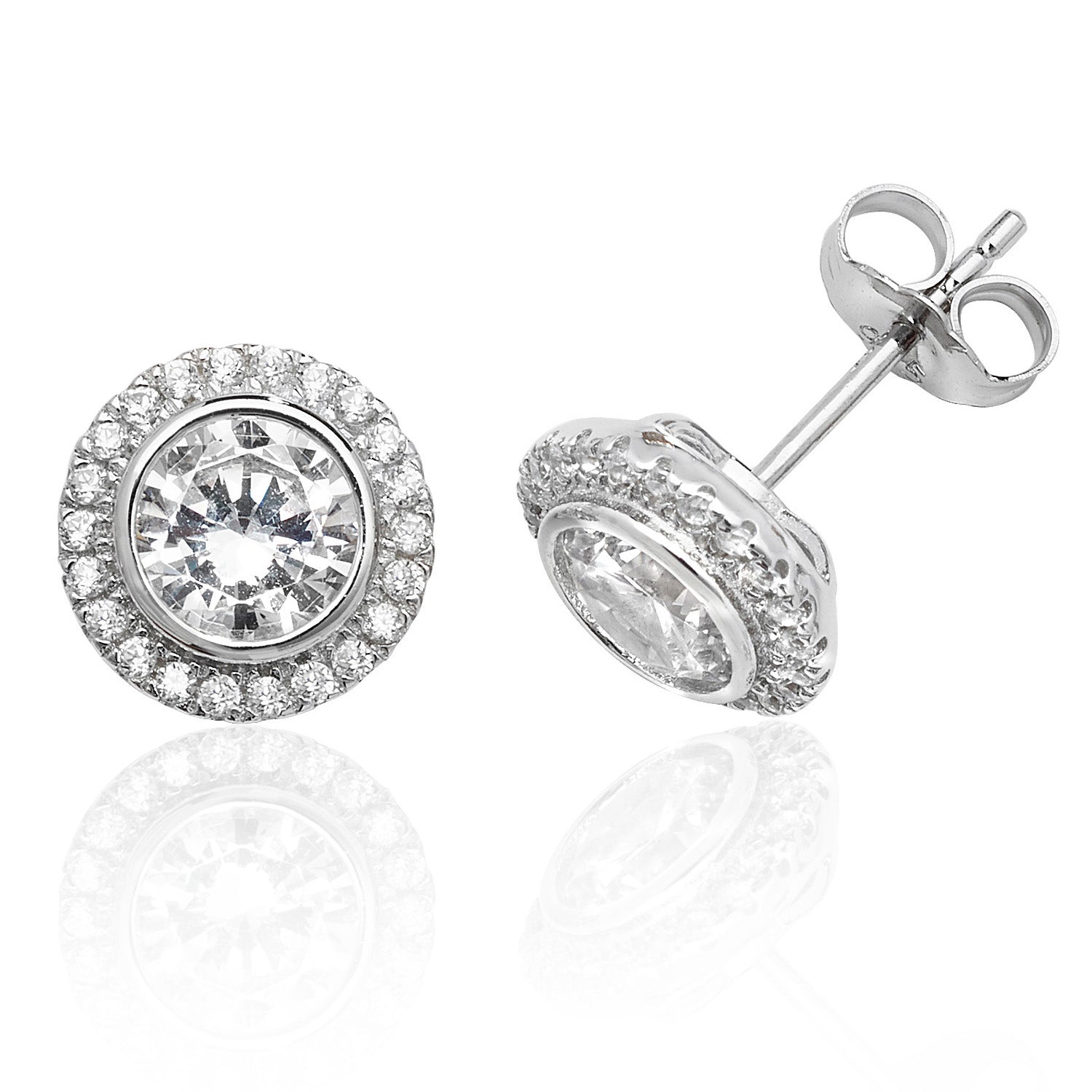 SILVER HALO ROUND CZ BEZEL SET STUDS