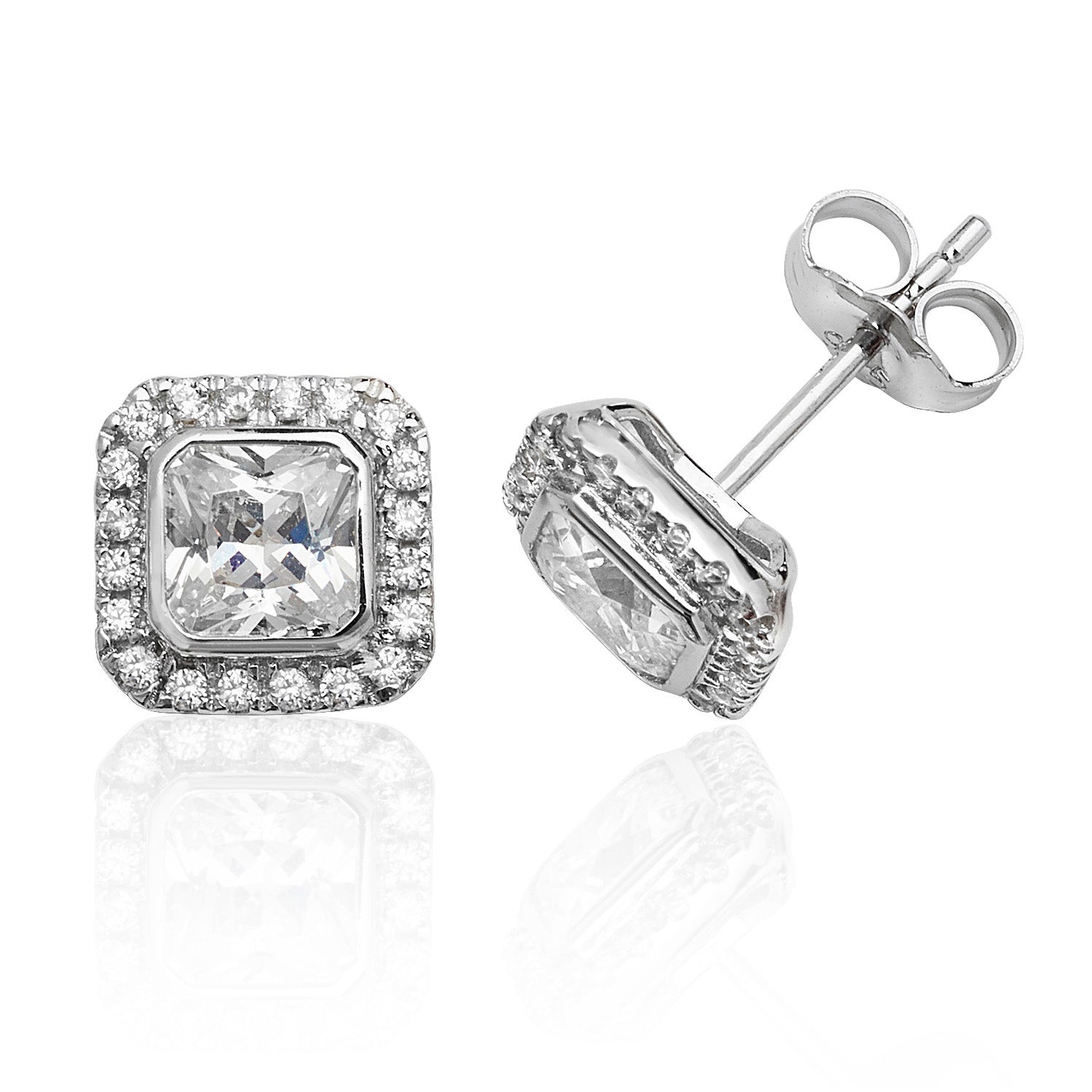 SILVER HALO SQUARE CZ BEZEL SET STUDS