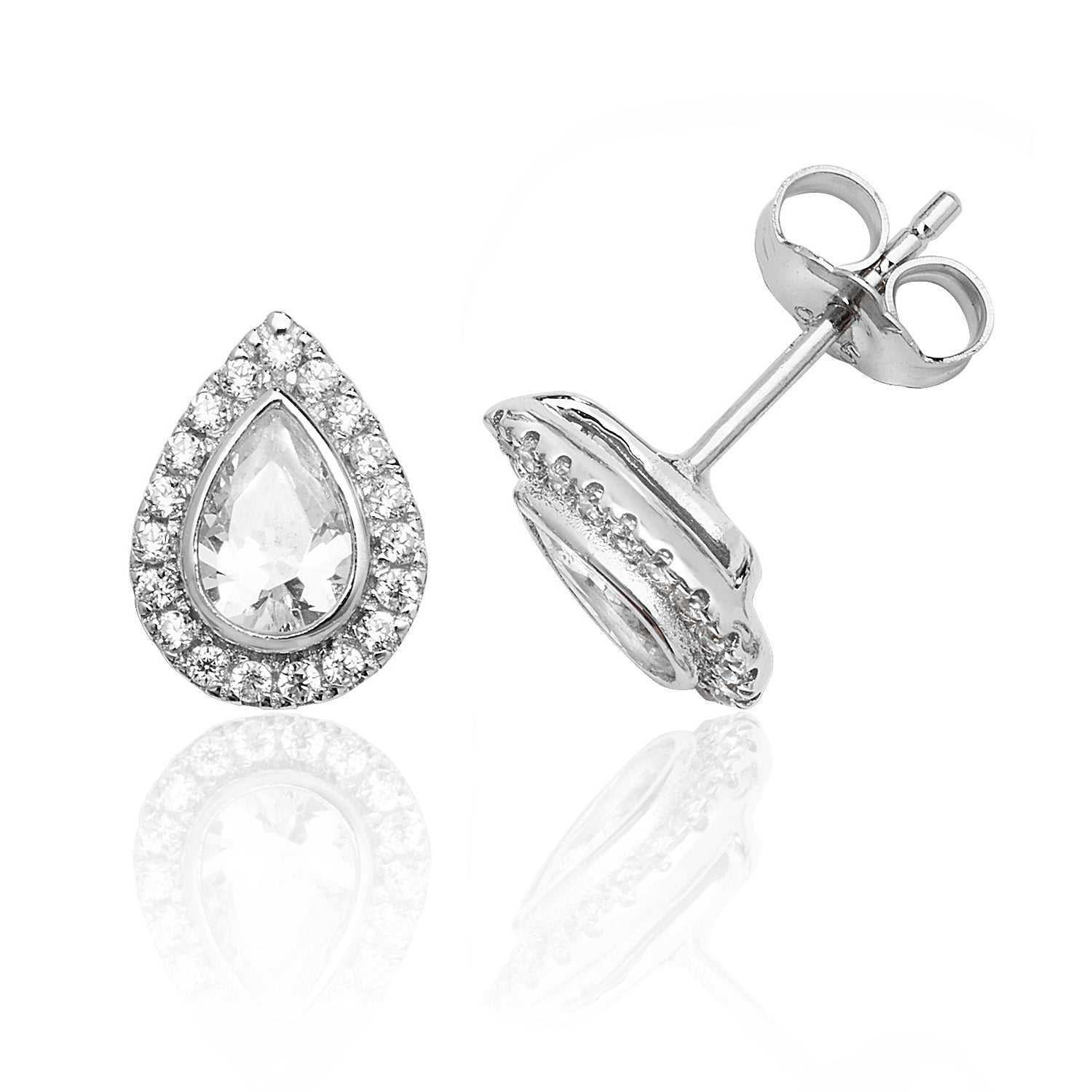 SILVER HALO PEAR SHAPE CZ BEZEL SET STUDS